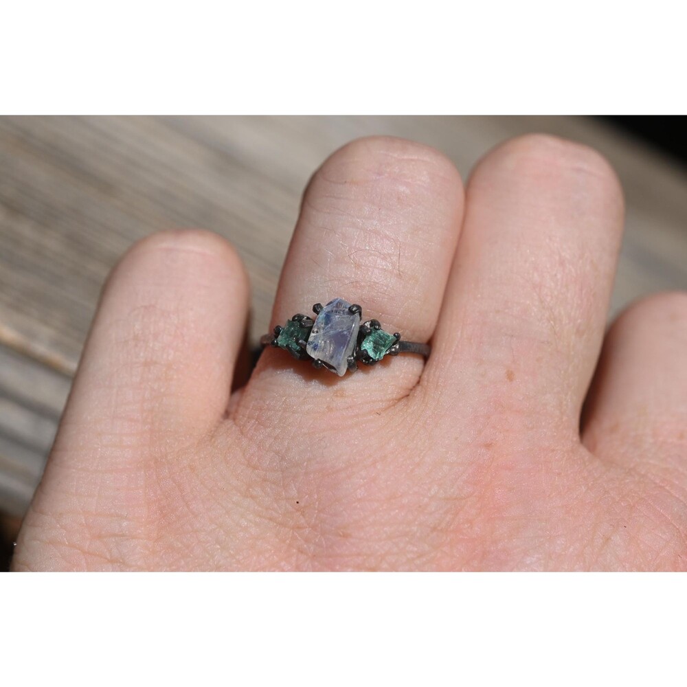 Handmade Raw Crystal Ring with Dark Metal Band & Green Accents Eco-Friendly Boho